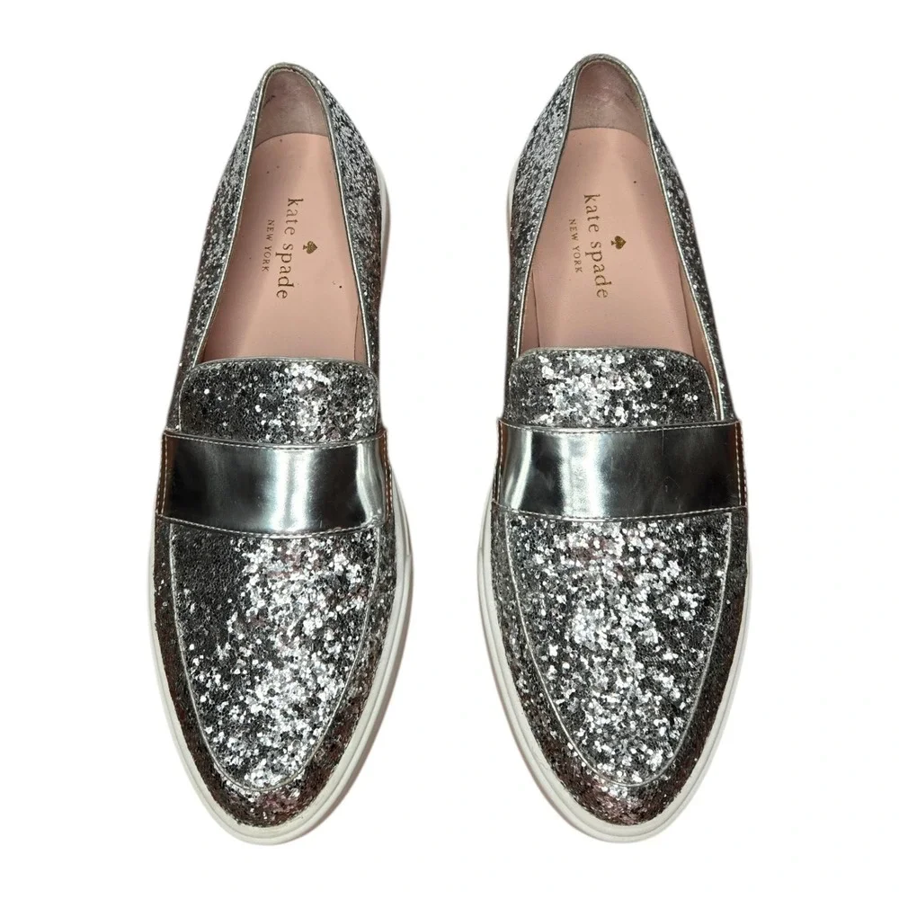 Kate Spade Clover Glitter Leather Slip-On Sneakers Silver Metallic Loafers 7.5